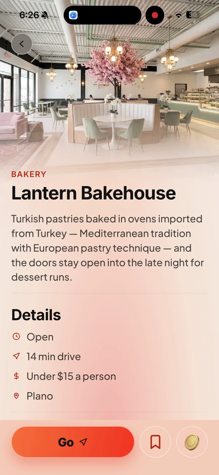A business's place page in Tipd, with a photo, description, hours, drive time, and price
